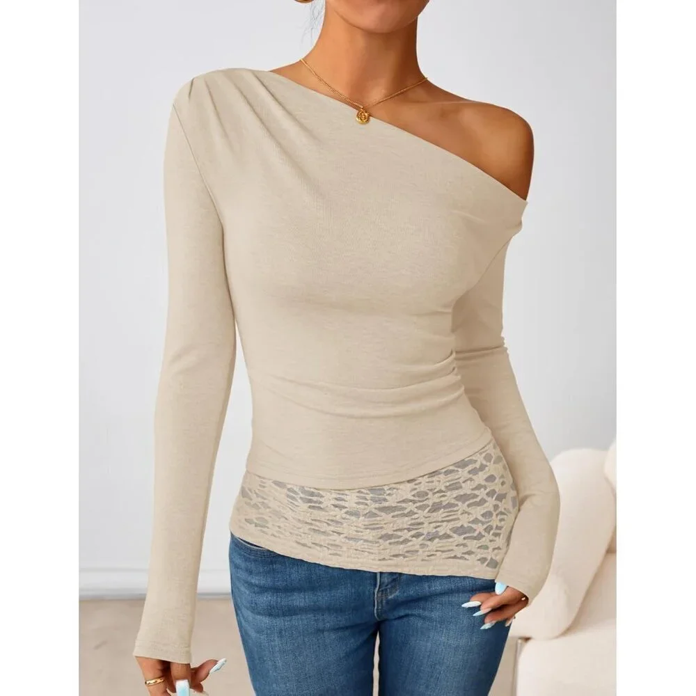 Women's Off Shoulder Apricot Long Sleeve Top Casual Lace Slim Fit Fall YK Blouse - Picture 4 of 5